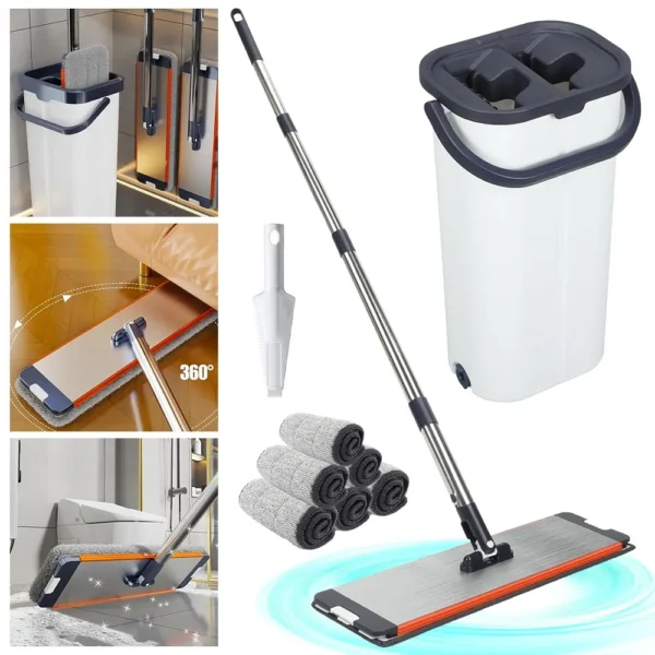 Mopp- und Eimer-Reinigungsset mit 6 Mikrofaser-Ersatzpads, 132 cm verdickter, verlängerter Stiel, getrenntes Schmutz- und Frischwassersystem, integriertes Auswring-System, für verschiedene Bodenarten geeignet, Haushaltsreinigungsgerät