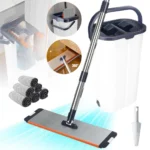 1 Set Flachmopp mit Auswringer, 6 Mikrofaser-Pads, Verlängerter Stiel, Geeignet für Alle Bodenarten