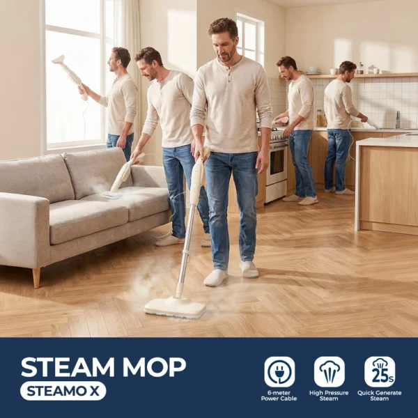 ROUNY 1200W Dampfmopp 3-Bar 135 ° C/275 ° F Hochtemperaturgerät, 25s Schnelle Aufheizzeit, 6m Kabel 113m² Reichweite, 2 Dampfstufen 5 Bürsten, Waschbar