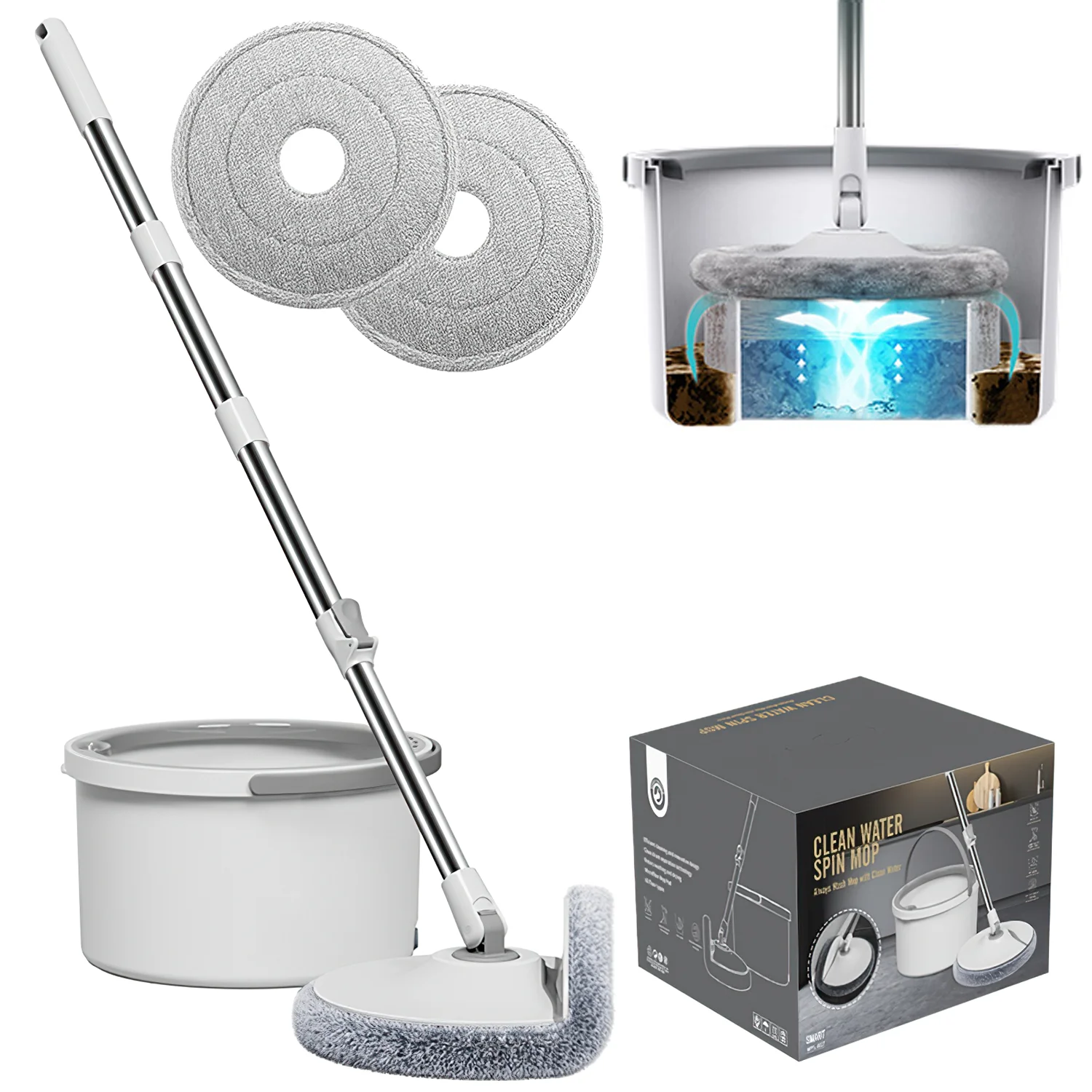 Rotierender Wischmopp mit Eimer & 2 Mikrofaserpads – flexibel, berührungslos, Schmutz- & Wassertrennung, weiß Rotierender Wischmopp mit Eimer & 2 Mikrofaserpads – flexibel, berührungslos, Schmutz- & Wassertrennung, weiß