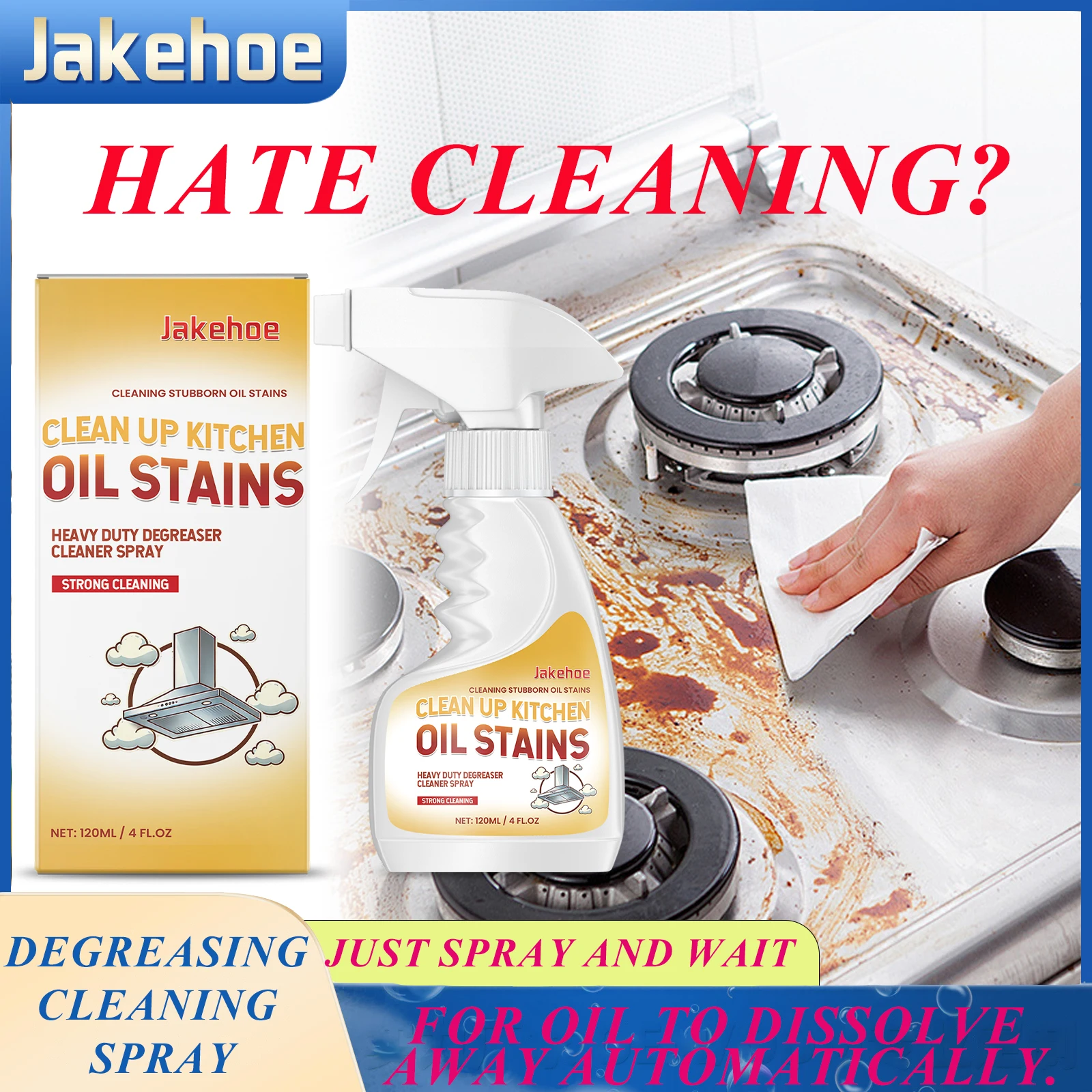 Jakehoe 120 ml Fettentferner, leistungsstarkes Küchen-Entfetter-Spray, Edelstahl-Hauben, Kochfeldreiniger, sofortiger Öl- und Fleckenlöser Jakehoe 120 ml Fettentferner, leistungsstarkes Küchen-Entfetter-Spray, Edelstahl-Hauben, Kochfeldreiniger, sofortiger Öl- und Fleckenlöser
