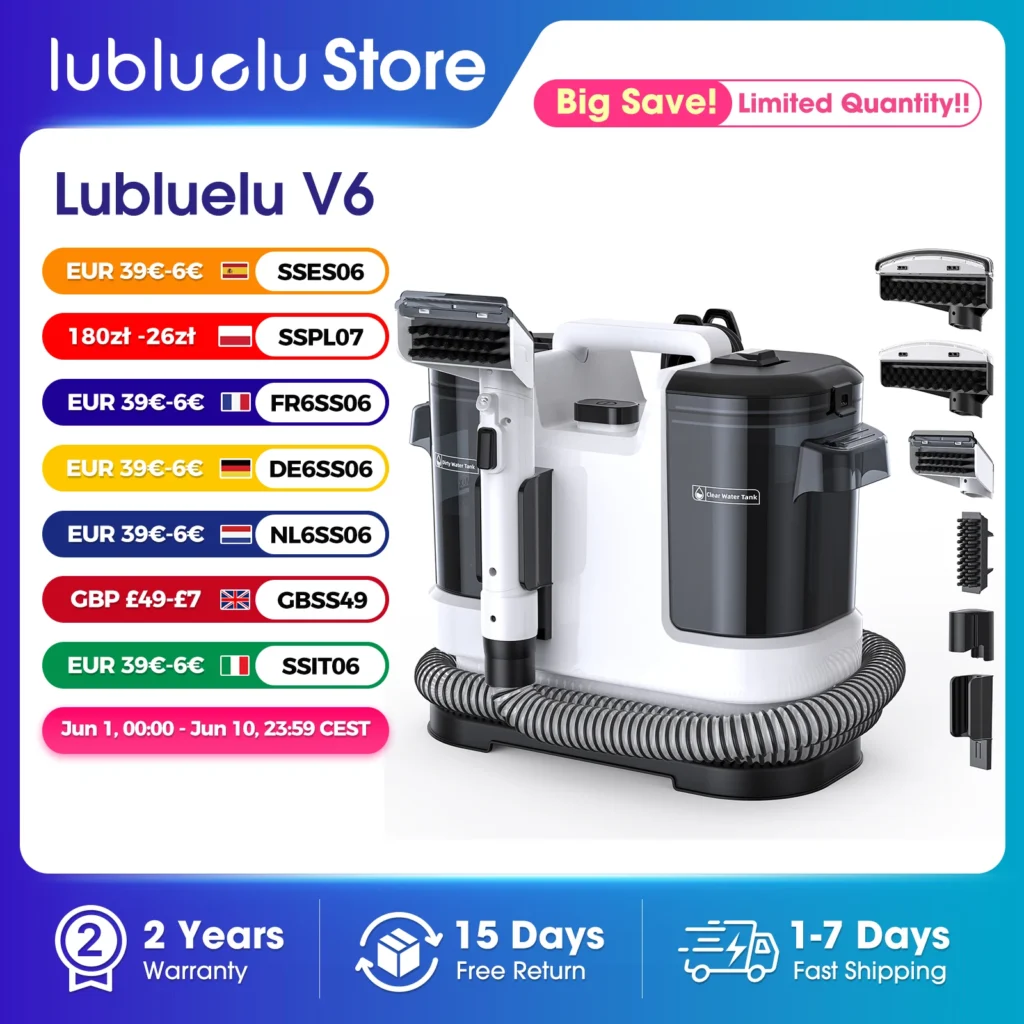 Lubluelu V6 Teppichreiniger Leistungsstarker 15kPa 1,75L Doppeltank, 5M Kabel 1,7M Schlauch - Tiefenreinigung Sofa Matratze Autositz Haustierflecken