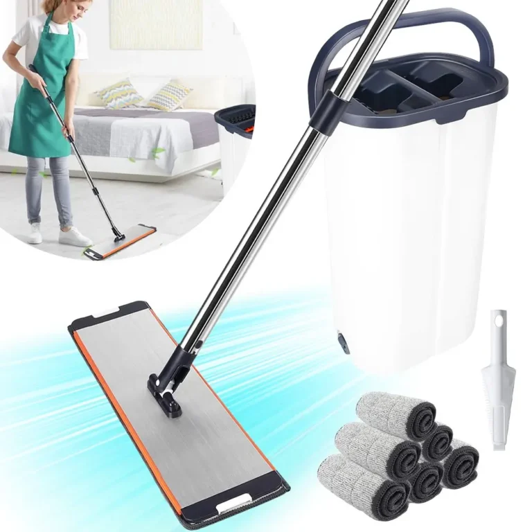 Weißes Metall-Flachmop- und Eimer-Set – Nass- und Trockenreiniger für Wände, Bodenreinigungssystem mit Gummiabzieher-Aufsatz, 3/6 waschbare Mikrofaserpads – für Wohnzimmer, Schlafzimmer, Badezimmer, Küche